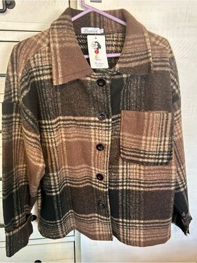 Plaid Button-Front Utility Jacket - Brown Multi- Fashion Brand